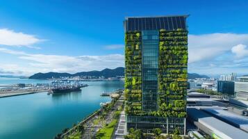 ESG Investing Trends Concept. A modern green building overlooking a harbor, featuring lush vertical gardens and a clear blue sky. photo