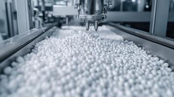 Smart Global Logistics Concept. Automated machinery dispensing small white balls on a conveyor belt in a manufacturing setting. photo