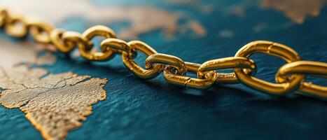 A close-up of a gold chain resting on a textured map, symbolizing connection and travel. photo