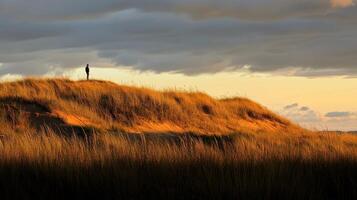 A solitary figure stands on a sandy dune, bathed in warm sunset light, surrounded by tall grass under a dramatic sky. photo