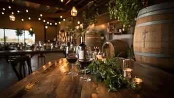 A cozy winery setting with wine glasses, candles, and greenery on a wooden table, surrounded by barrels and warm lighting. photo