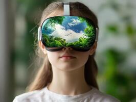 Young Girl Experiencing Virtual Reality with VR Headset Reflecting Nature Scene in Lush Green Environment photo
