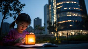 Economic Inequality Concept. A young girl reads with a lantern in an urban setting, illuminated by the glow of tall buildings at dusk. photo