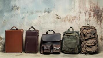 Economic Inequality Concept. Five vintage bags of various sizes and styles are lined up against a textured, weathered wall, showcasing their unique designs and materials. photo