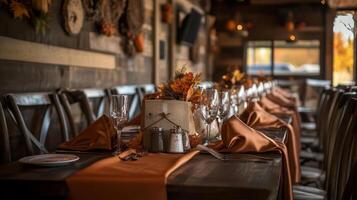 Rustic restaurant interior with a long table set for dining, featuring autumn decorations and warm lighting. photo