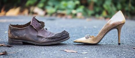 Economic Inequality Concept. A worn-out shoe and a shiny high heel sit side by side on a street, contrasting styles and conditions. photo