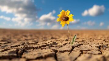 Lone Sunflower Blooming in Arid Desert Landscape Under Blue Sky with Fluffy Clouds photo