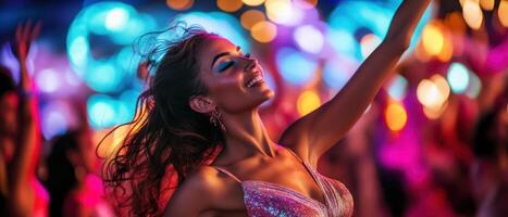 A joyful dancer enjoys a vibrant party atmosphere, illuminated by colorful lights, capturing the essence of celebration and movement. photo
