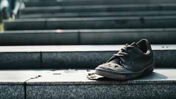Economic Inequality Concept. A worn-out shoe rests on a set of concrete stairs, surrounded by debris, symbolizing neglect and abandonment. photo