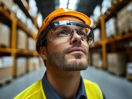 Smart Global Logistics Concept. A man in safety gear looks upward in a warehouse filled with stacked boxes, conveying a sense of focus and determination. photo