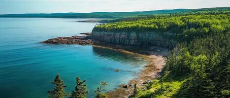 ESG Investing Trends Concept. Serene coastal landscape featuring lush greenery, rocky cliffs, and calm blue waters under a clear sky. photo