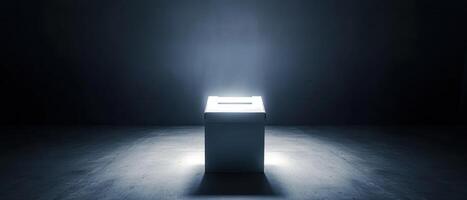 A mysterious illuminated box sits in darkness, casting a soft glow around it. photo