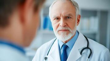 Senior Male Doctor in White Coat with Stethoscope in Medical Office, Focused and Professional Expression photo