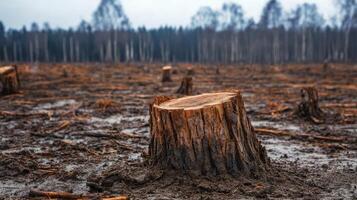 Deforested Area with Tree Stumps and Bare Trees in the Background on a Cloudy Day photo