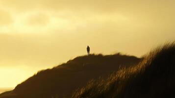 A solitary figure stands atop a hill against a golden sky, creating a serene and contemplative atmosphere. photo