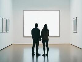 A couple stands hand-in-hand in an art gallery, gazing at a blank canvas, immersed in contemplation and connection. photo