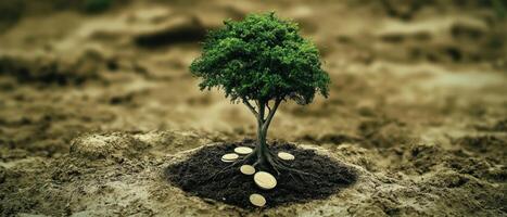 Emerging market economic trends Concept. A small green tree grows from dark soil, surrounded by coins, symbolizing growth and prosperity. photo