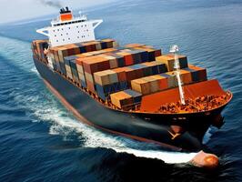 Smart Global Logistics Concept. Large cargo ship navigating through water, loaded with colorful containers, showcasing maritime trade and transportation. photo