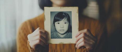 A person holds a vintage photograph of a child, evoking nostalgia and introspection in a warm, softly lit environment. photo