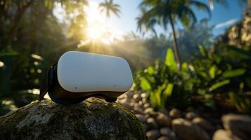Virtual Reality Headset in Tropical Jungle Setting with Sunlight and Palm Trees in Background photo