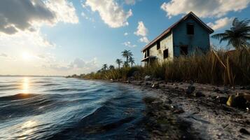Abandoned Beach House by the Ocean at Sunset with Palm Trees and Dramatic Sky photo