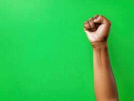 Raised Fist Against Green Background Symbolizing Strength, Unity, and Empowerment in a Minimalist Style photo