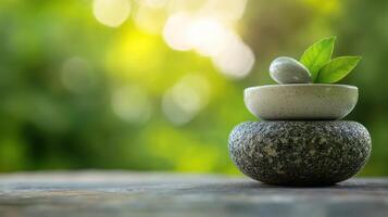 Zen Garden Stones with Green Leaves on Blurred Natural Background for Relaxation and Meditation photo