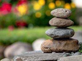 Balanced Stack of Smooth Stones in a Tranquil Garden Setting with Vibrant Blurred Flowers in the Background photo