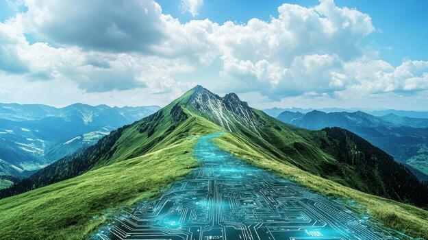 A futuristic landscape blending nature and technology, showcasing a mountain with a digital pathway and vibrant blue elements. photo