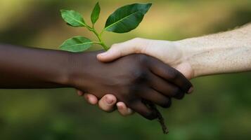 ESG Investing Trends Concept. Two hands clasping, one holding a small green plant, symbolizing unity and environmental care. photo
