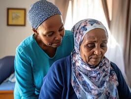 A caregiver gently assists an elderly woman in a cozy indoor setting, highlighting compassion and connection. photo