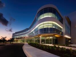 Modern Curved Glass Office Building at Dusk with Illuminated Lights and Clear Sky photo