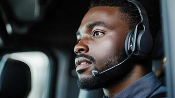 Smart Global Logistics Concept. A focused man wearing a headset engages in conversation, likely in a professional or customer service environment. photo
