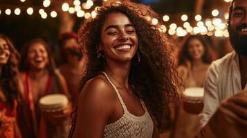 A joyful celebration under string lights, featuring a smiling woman amidst friends, creating a vibrant atmosphere with music and dance. photo