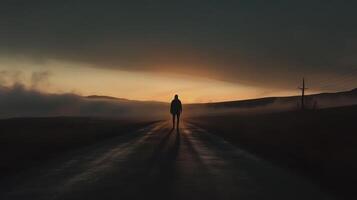 A solitary figure walks along a winding road at dusk, surrounded by mist and a fading sunset, evoking a sense of tranquility and introspection. photo