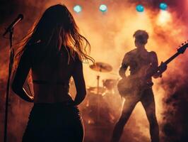 A captivating live music scene featuring a guitarist performing on stage, illuminated by colorful lights, with a female silhouette in the foreground. photo