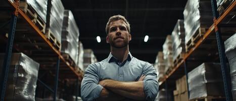 Smart Global Logistics Concept. A confident man stands in a warehouse, arms crossed, surrounded by stacks of boxes on shelves, conveying leadership and focus. photo