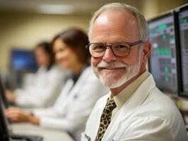 Senior Doctor Smiling in Modern Medical Office with Colleagues Working on Computers in Background photo