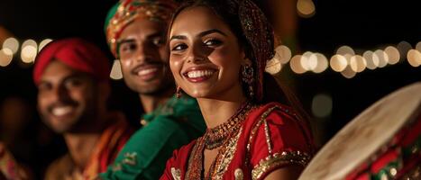 A vibrant celebration featuring smiling individuals in traditional attire, surrounded by festive lights, creating a joyful atmosphere. photo