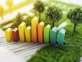 ESG Investing Trends Concept. Colorful vertical bars representing growth on a green landscape, symbolizing data analysis and environmental awareness. photo