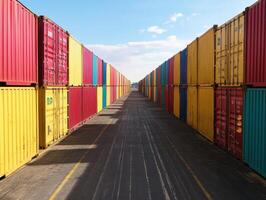 Smart Global Logistics Concept. A row of brightly colored shipping containers creates a vibrant perspective leading down an industrial pathway under a clear sky. photo