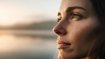 Close-up Portrait of a Thoughtful Woman Gazing into the Distance at Sunset by the Water photo