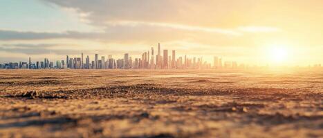 Economic Inequality Concept. A vast landscape with a city skyline in the background illuminated by a warm sunset, creating a serene and picturesque view. photo