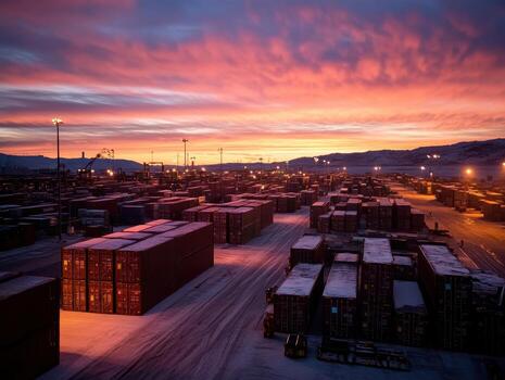 Smart Global Logistics Concept. Vibrant sunset over a shipping yard filled with containers, creating a dramatic scene with colorful clouds and silhouettes of industry. photo