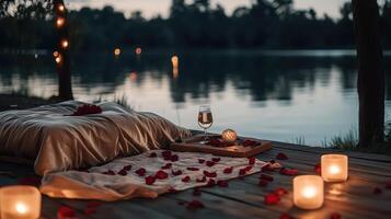 A romantic lakeside setup with a cozy blanket, rose petals, candles, and a glass, set against a serene water backdrop at dusk. photo