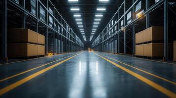 Smart Global Logistics Concept. A spacious warehouse interior with stacked boxes and bright overhead lights illuminating the wide aisles. photo