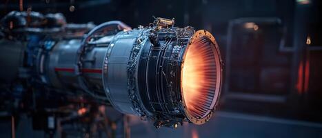 A close-up view of a jet engine with flames, showcasing intricate engineering and advanced technology in aviation. photo
