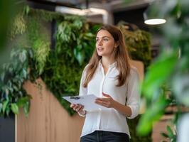 ESG Investing Trends Concept. A woman stands in a green office space, holding a document and looking thoughtfully into the distance. photo