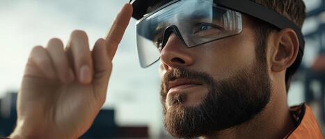 Smart Global Logistics Concept. A man in safety glasses interacts with a digital interface, showcasing technology in a work environment. photo
