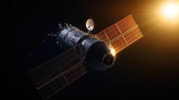 A spacecraft or satellite orbits in space, illuminated by sunlight, showcasing solar panels and scientific instruments. photo